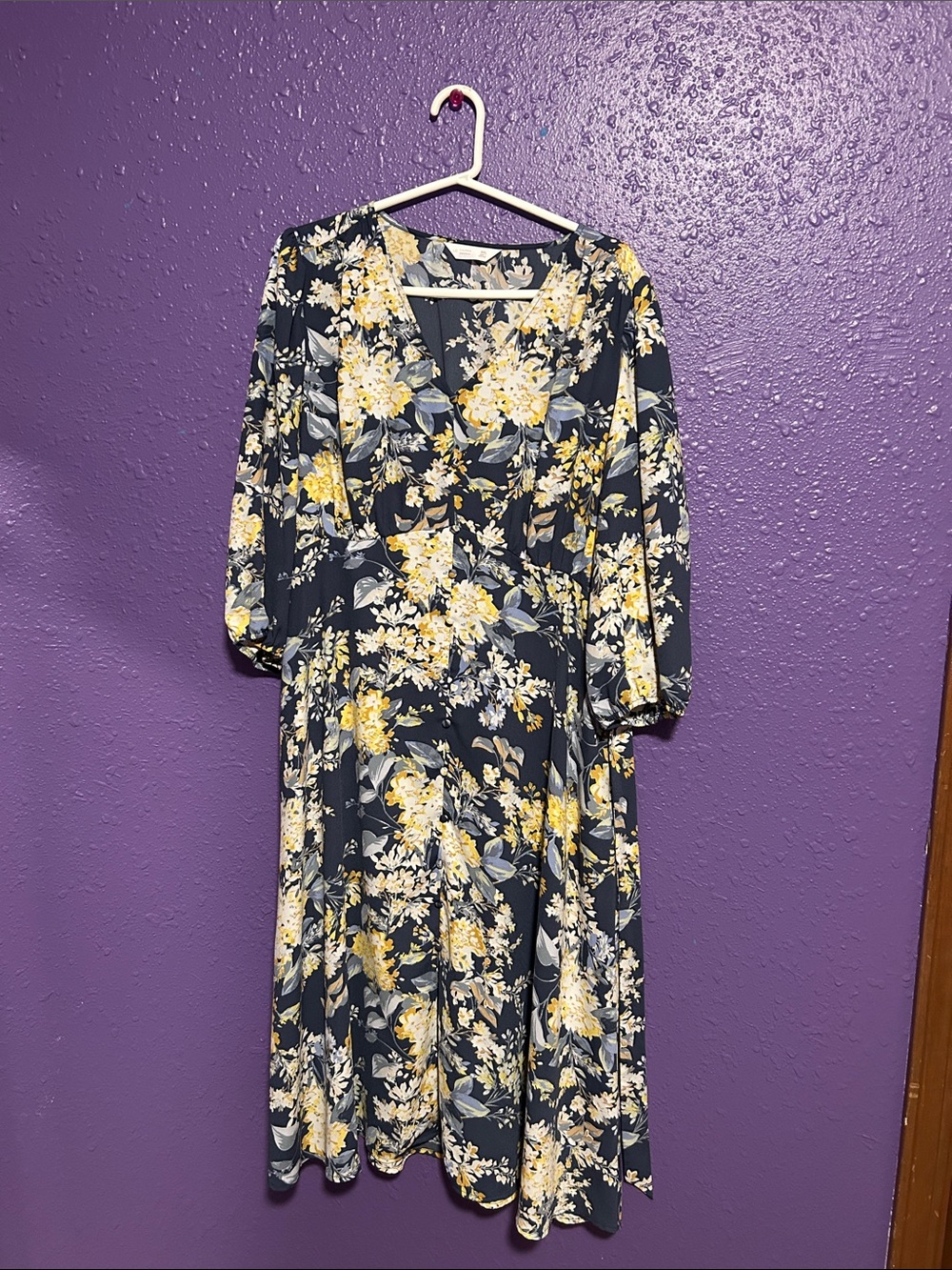 LC Lauren Conrad Navy Floral V-Neck Midi Dress with Yellow Blooms